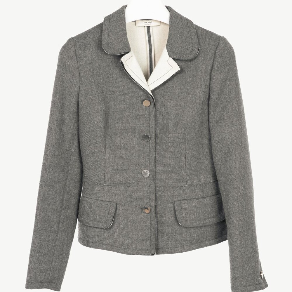 Prada Grey Wool Raw-Edge Tailored Jacket